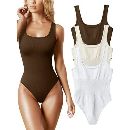 

LAKIDAY Women s 3 Piece Bodysuits Sexy Sleeveless Round Neck Shapewear Jumpsuits