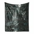 thumbnail image 1 of Gothic Soft Flannel Fleece Blanket, Full Moon over Medieval Building Ruins at Night Dark Scary Backdrop Middle Ages Image, Cozy Plush for Indoor and Outdoor Use, 50" x 60", Blue Grey, by Ambesonne, 1 of 6
