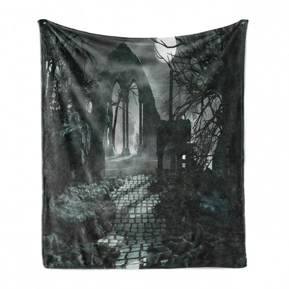 Gothic Soft Flannel Fleece Blanket, Full Moon over Medieval Building Ruins at Night Dark Scary Backdrop Middle Ages Image, Cozy Plush for Indoor and Outdoor Use, 50" x 60", Blue Grey, by Ambesonne
