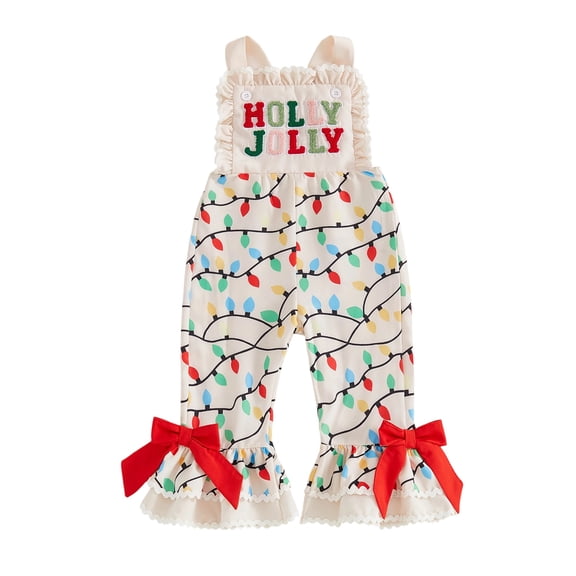 RUINIXCW Toddler Baby Girl Christmas Outfit Romper Overalls Kids Infant Girl Fall Winter Clothes String Lights Letter Flared Suspender Pants Jumpsuit