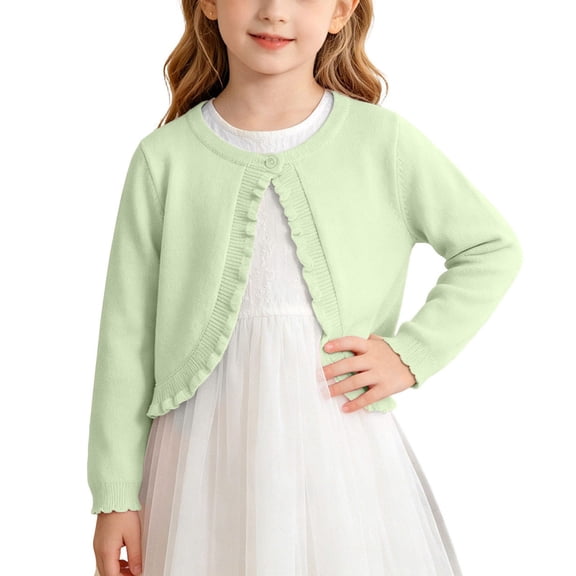 Girls Cardigan, Girls Bolero Shrug Sweater, Kids Knit Hollow Out Long Sleeve, Button Cover Up Cropped Tops Green 4-5 Years