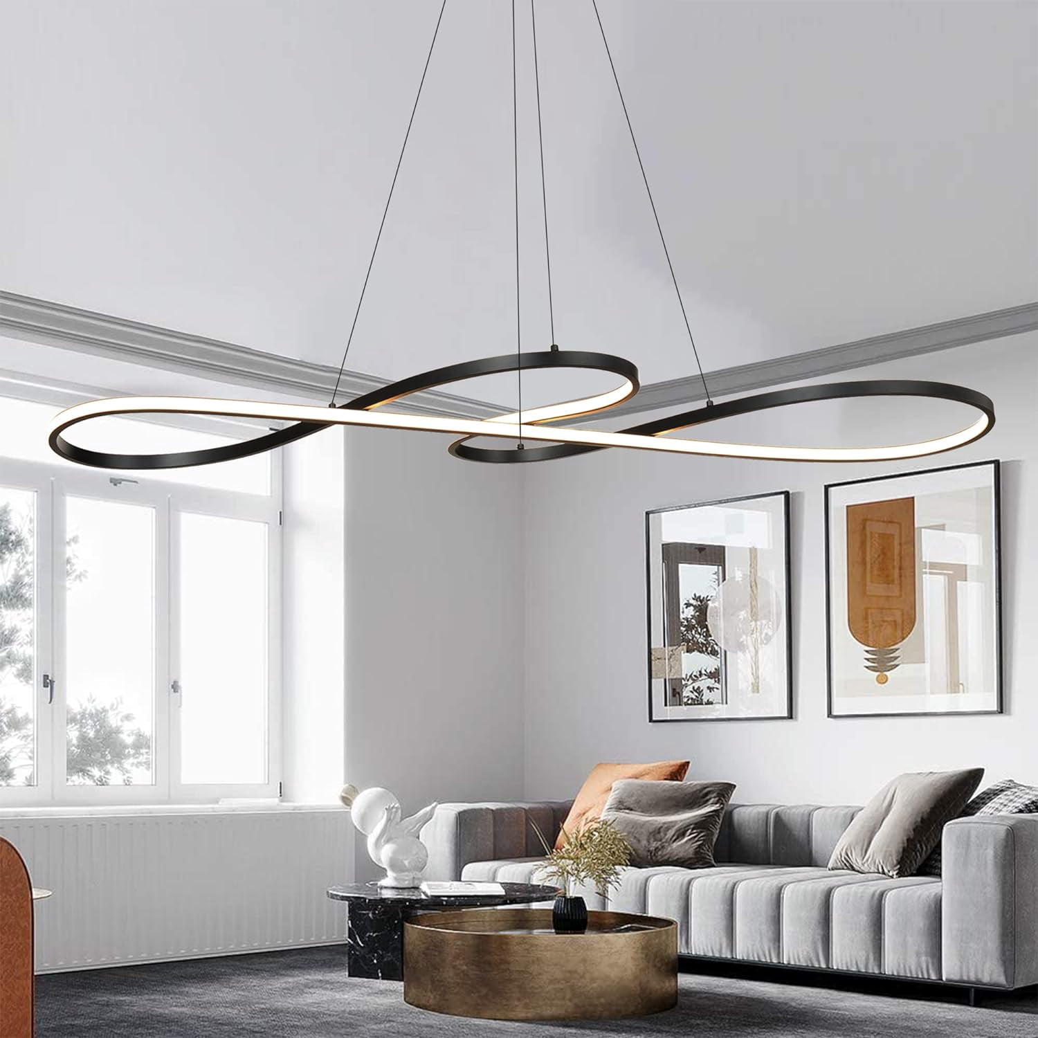 Pendant Light Modern Dimmable Chandelier Musical Note Black Contemporary Wave Hanging Lighting Fixture for Bedroom Kitchen Island Dining Room Living Room