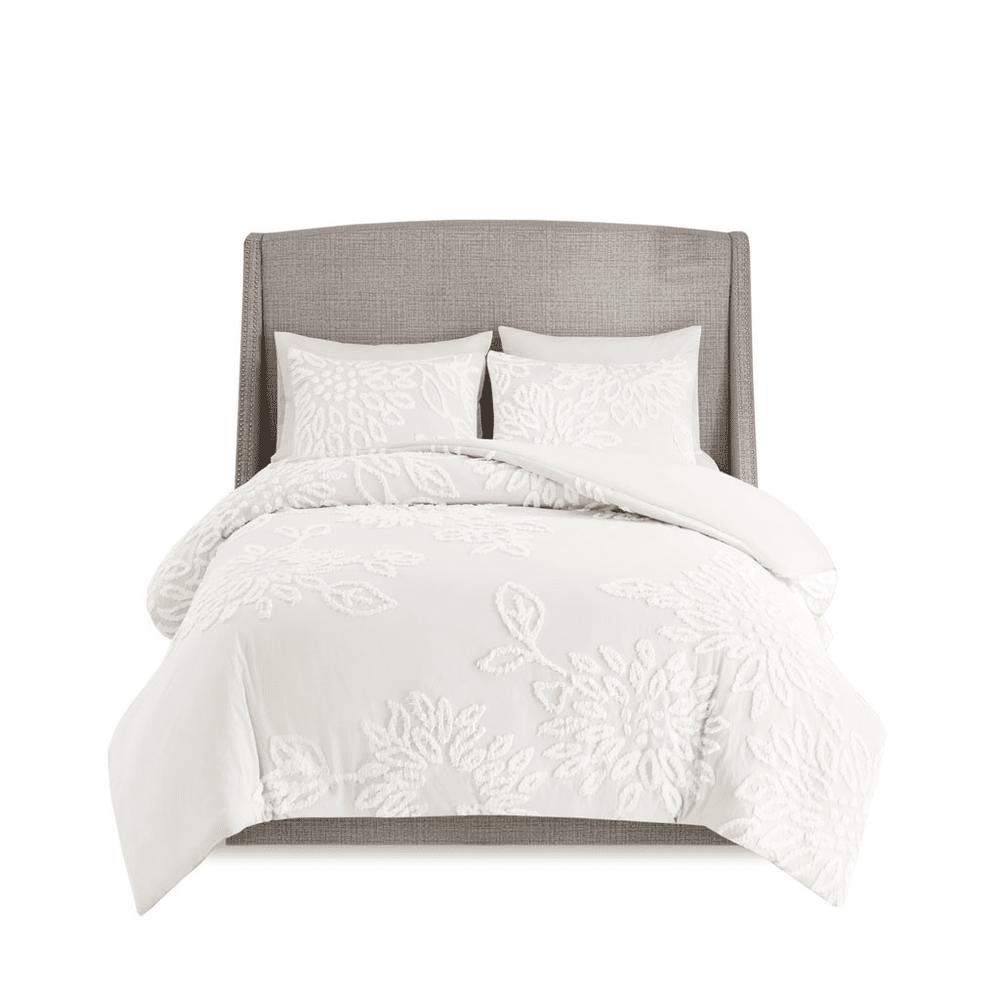 Off-White Cotton Chenille Floral Full/Queen Duvet Cover Set