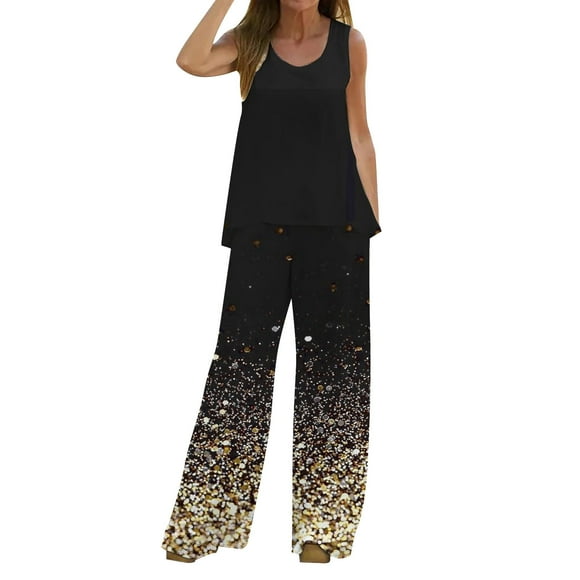 TJAZFJPA Pant Sets Women 2 Piece Outfits Formal Women 2 Piece Outfits Boho Casual Printed Vest Sleeveless Top Loose Wide Leg Pants Trousers Two Piece Set Suit Women Pants Suits for Work