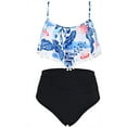 thumbnail image 2 of Women High Waisted Bikini Ruffle Swimsuit Flounce Pom Pom Trim Two Piece Bathing Suit Tassel Blue Leaves (XL, 2 of 5
