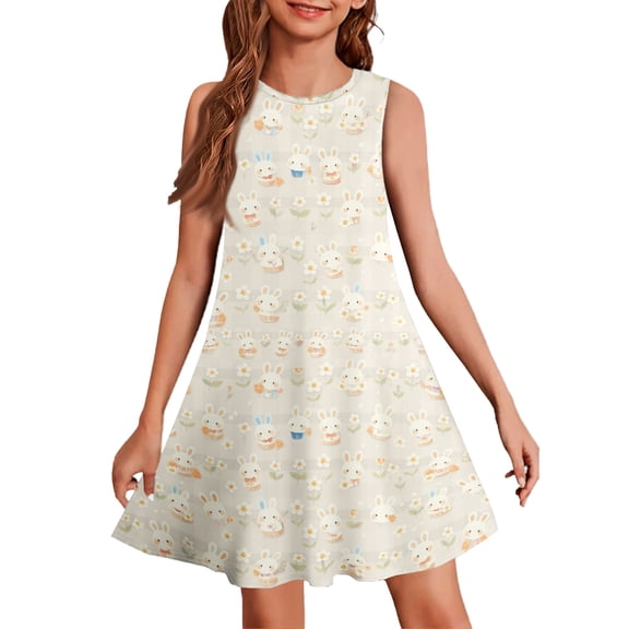 Abcomgle Easter Dress for Kids Girls A-Line Sleeveless Midi Dress for Girls Cute Bunny Daisy Print Dress Outfits Crewneck Spring Swing Dress Clothes for Girls,Beige,9-10Years