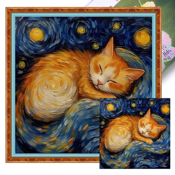 Kit Punto Cruz Gato Impreso Hilo Algodón Ecológico Bordado Arte 40x40cm 11CT