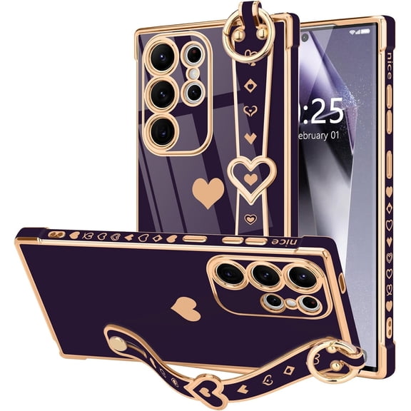 REQO for Samsung Galaxy S26 Ultra Case Cute Love-Heart Plating Strap for Women Girls Bling Silicone Camera Protection Bumper Shockproof Phone Case for Samsung Galaxy S26 Ultra 5G
