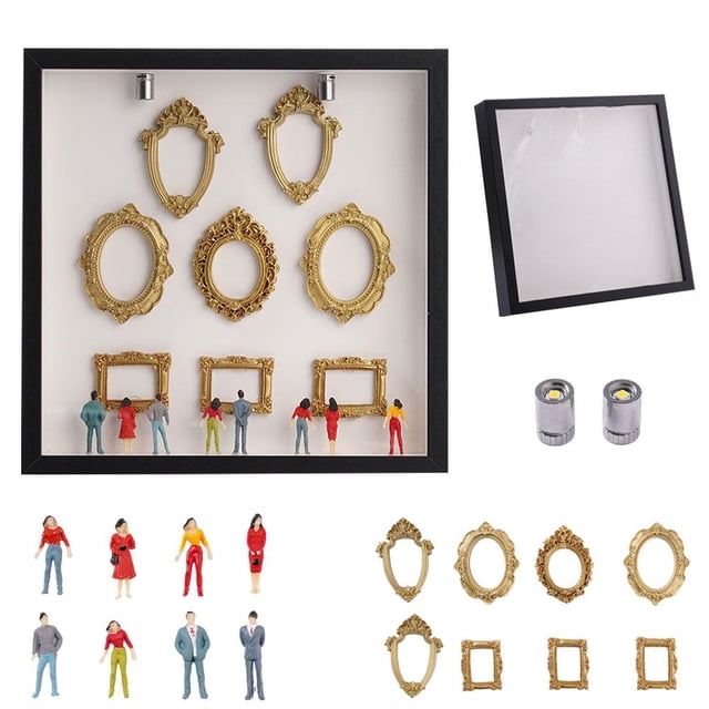 DIY Mini Museum Silhouette Box with LED Lights, Creative Memory Display Kit with 8 Gold Frames & Figurines, Home Decor Gift