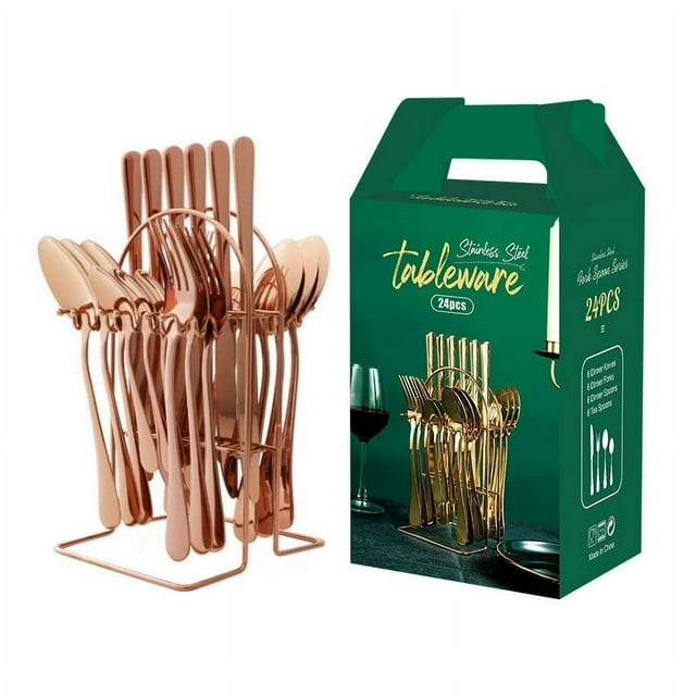 Gold Silverware Set Stainless Steel 24 Piece Anti-Rust Mirror Polished Flatware Gold Utensils Set Service for 6 with Gift Packaging Dishwasher Safe Hotel Tableware Wholesale
