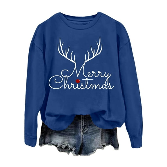 Women's Sweatshirt Long Sleeve Crew Neck Christmas Printed Pullover Tops Winter Loose Casual Cozy Soft Fall Women's Sweatshirts Blue M