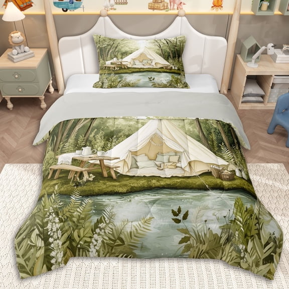 Erosebridal Jungle Camping Tent Twin Comforter Sets 3-Piece for Teens Boys Girls,Kids Rustic Lake Life Bedding Set,Grey Reversible,Ultra Soft Home Decor