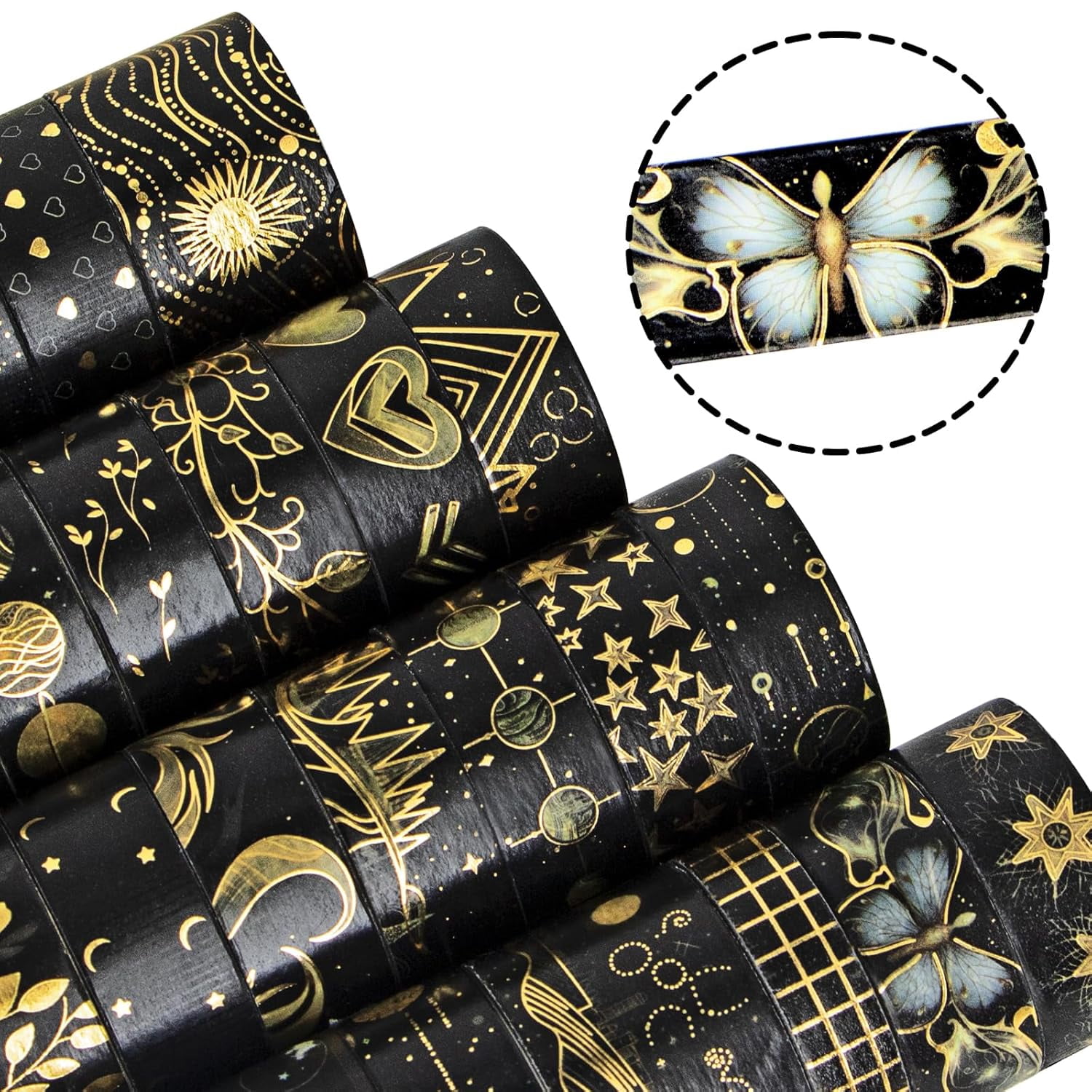 Black Washi Tape Set, 27 Rolls Black Gold Foil Decorative Masking Tape for Bullet Journaling, Scrapbooking Supplies, Watercolor Painting