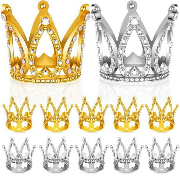 12 PCS Mini Crown Cake Topper,Gold & Silver Rhinestone Crown Cake Topper Decorations for Baby Shower Birth