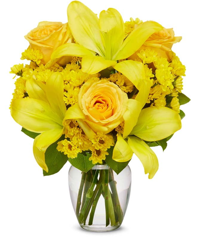 From You Flowers Yellow Lilies, Roses & Poms Bouquet with Free Vase