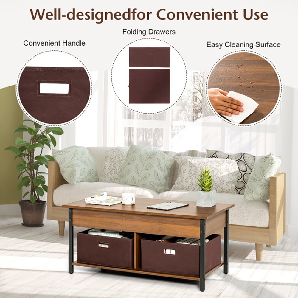 Finihen Rectangular Coffee Table, Lift Top Coffee Table, Central Table with Drawers and Hidden Compartment, for Living Room, Reception Room, Brown