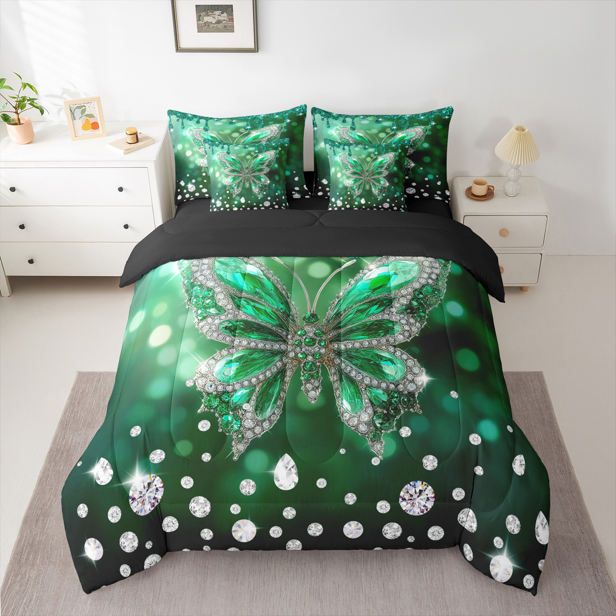 jejeloiu Chic Butterfly 7 Pieces Bedding Comforter Set,Diamond Moth Full Bedding Set,Green Sliver Fitted Sheet Flat Sheet For Girls Kids,Luxury Bedroom Decor Reversible