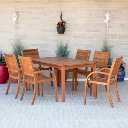 Amazonia Arizona 7-piece Patio Rectangular Table Dining Set | Eucalyptus Wood | Ideal for Outdoors and Indoors, Brown