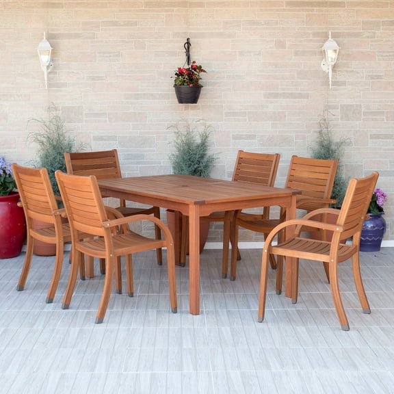 Amazonia Arizona 7-piece Patio Rectangular Table Dining Set | Eucalyptus Wood | Ideal for Outdoors and Indoors, Brown