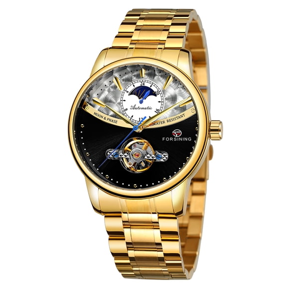 FORSINING FORSINING Montre Tourbillon Automatique de Luxe pour Homme avec Cadran Noir et Bracelet en Acier Inoxydable Doré, Montre Mécanique Étanche