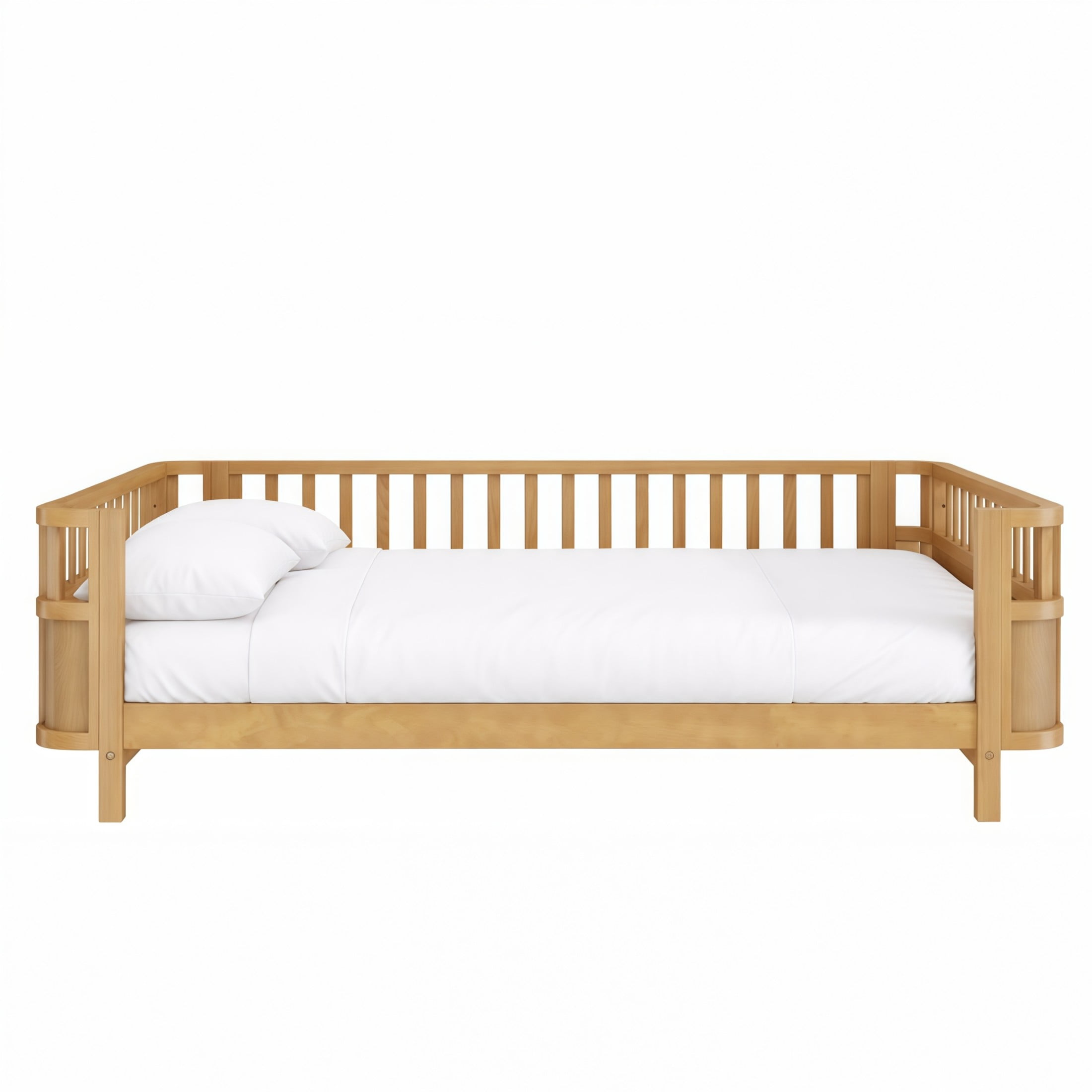 GDF Studio Darpel Full Size Wooden Montessori Bed Frame with Guard Rails, Pine Wood Low-Profile Floor Kids Bed, Natural