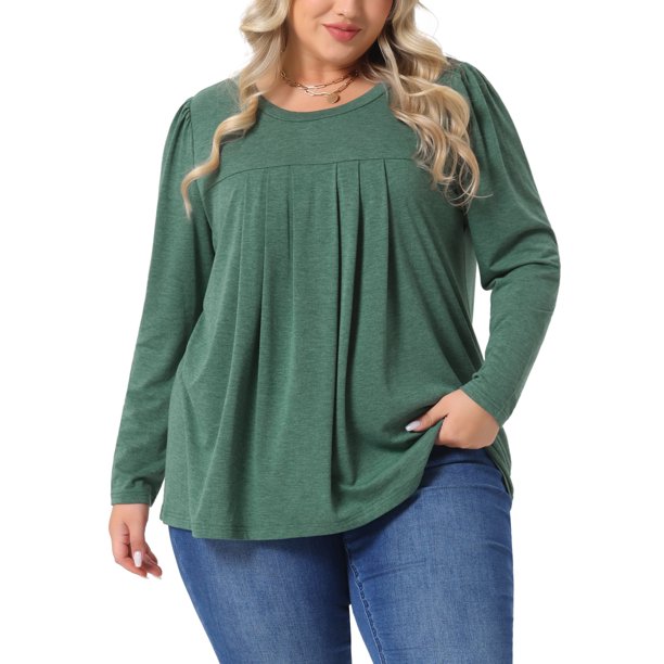 Blusas elegantes de manga larga para mujeres de tallas grandes GRACE & GRANDEUR, con cuello redondo, plisadas, camisetas sueltas casuales 2X verdes