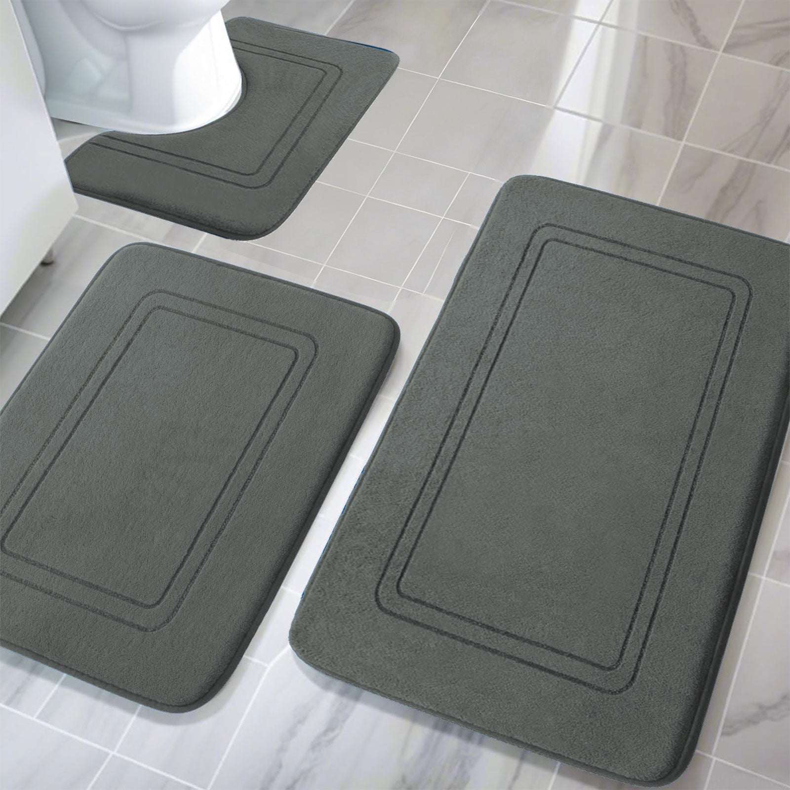 Tripumer 3 Pcs Dark Gray Memory Foam Bath Mat Set Bathroom Rugs Set U Shape Toilet Mats for Toilet Shower Sink
