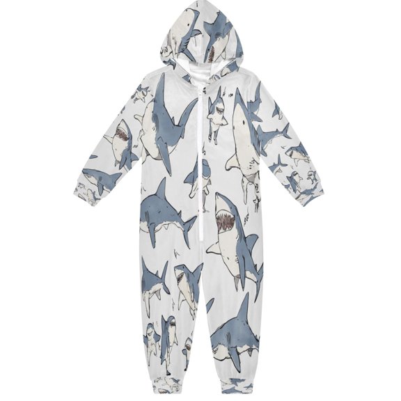 Soft Big Kids Onesie Pajamas Cozy Loose-Fit Jumpsuits for kids with Pockets for Christmas Lounge & Play Blue Shark with White Belly