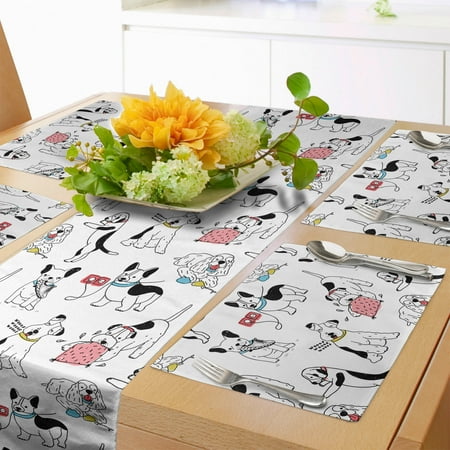 

Dog Lover Table Runner & Placemats Pattern of Playful Puppies Funny Bad Habits Naughty Pet Doodle Set for Dining Table Decor Placemat 4 pcs + Runner 14 x72 Dark Purple Multicolor by Ambesonne