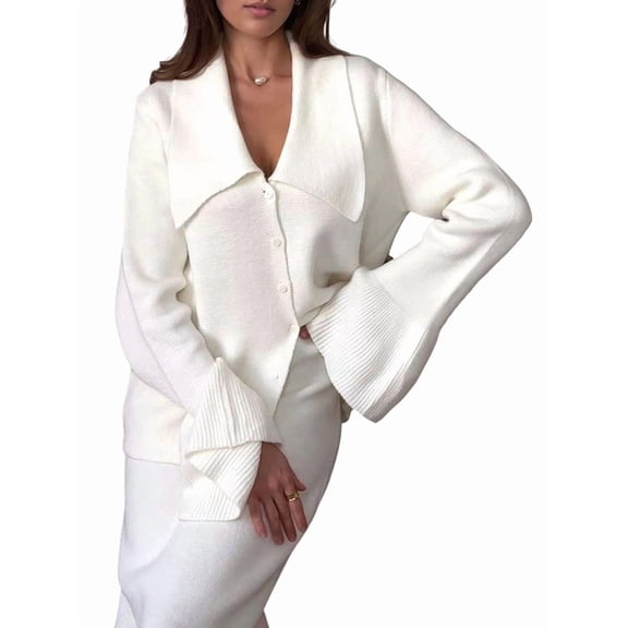 Womens 2 Piece Skirt Sets Long Sleeve Skirt Suits Milky White M