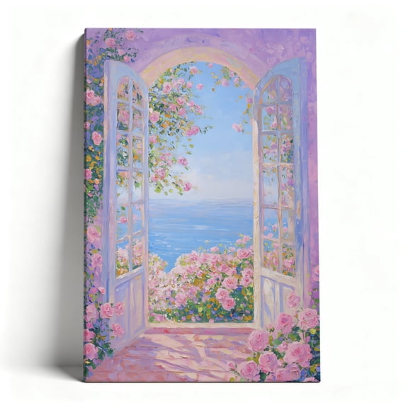 Pastel Rose Window Seaview Canvas Wall Art, Impressionist Floral Coastal Decor, Textured Oil Painting Style Artwork For Bedroom, Bathroom, Living Room, Ready To Hang 8*12inch(20*30cm)