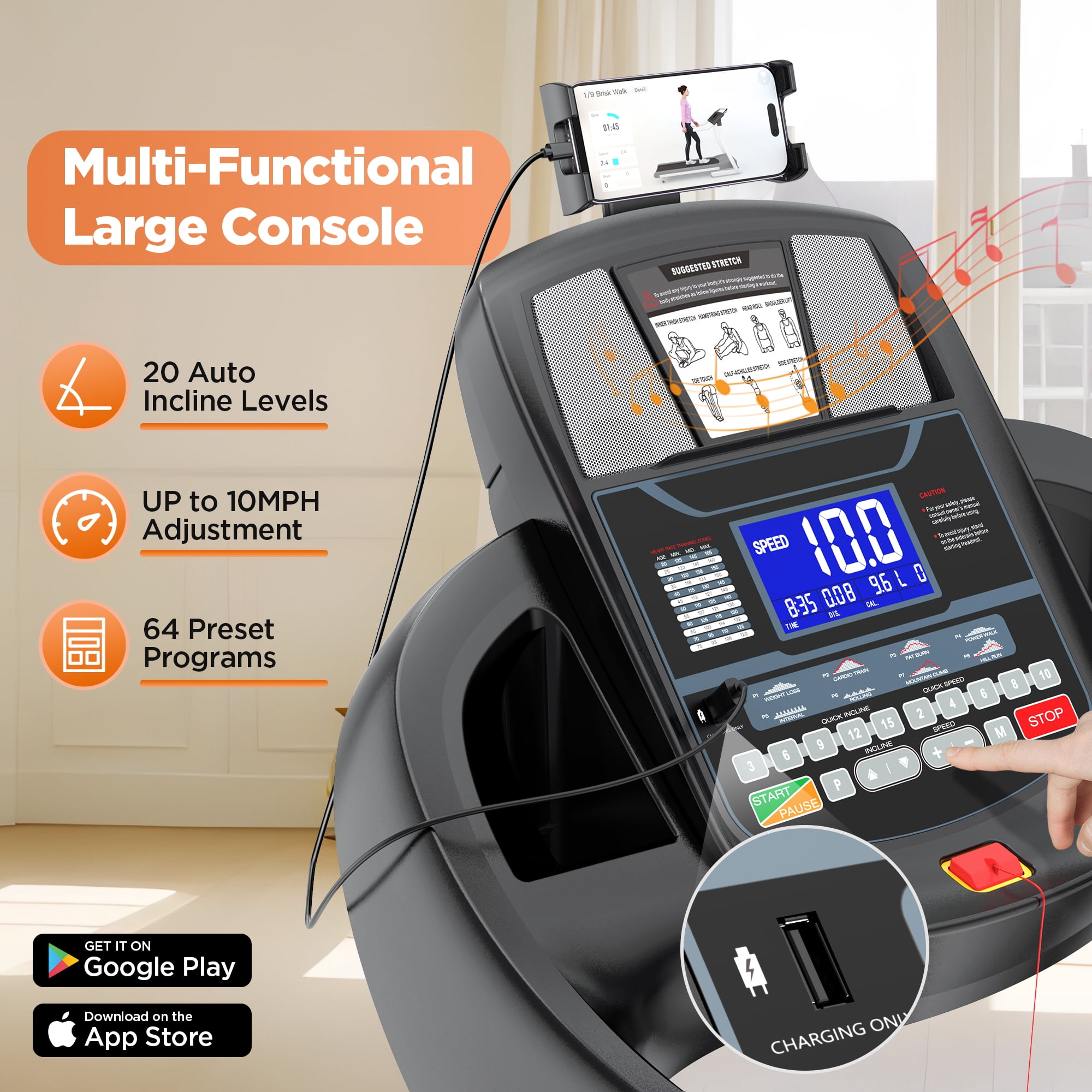 4.5HP Foldable Treadmill with 15 Levels Auto Incline, Portable Treadmill for Home Use, 300lbs Capacity, 64+3+3+1 Programs, 10MPH Speed, HiFi Bluetooth Speakers, Smart APP Control, Knee Strap Gift