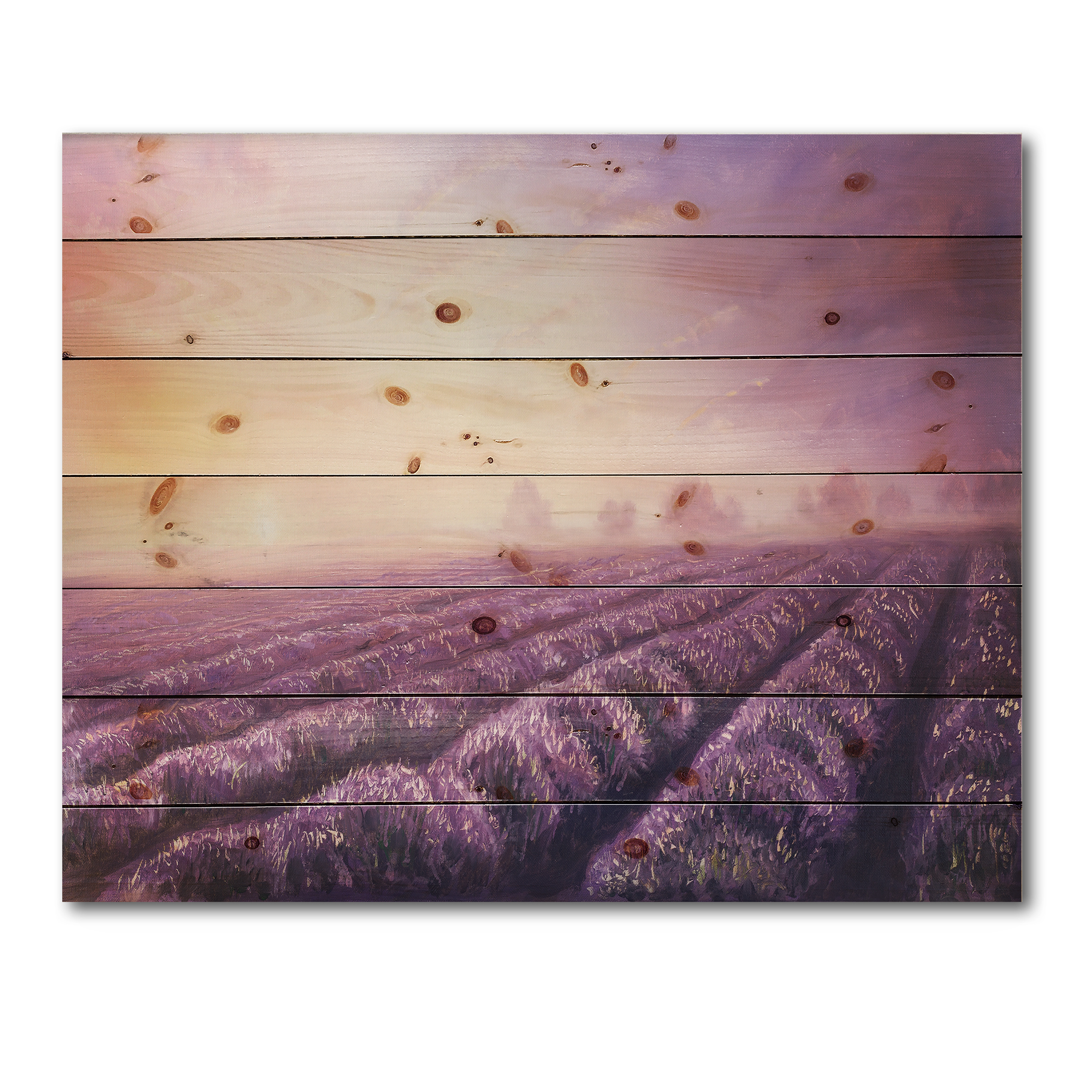 Designart 'Lavender Fields During Sunrise' Modern Print on Natural Pine Wood