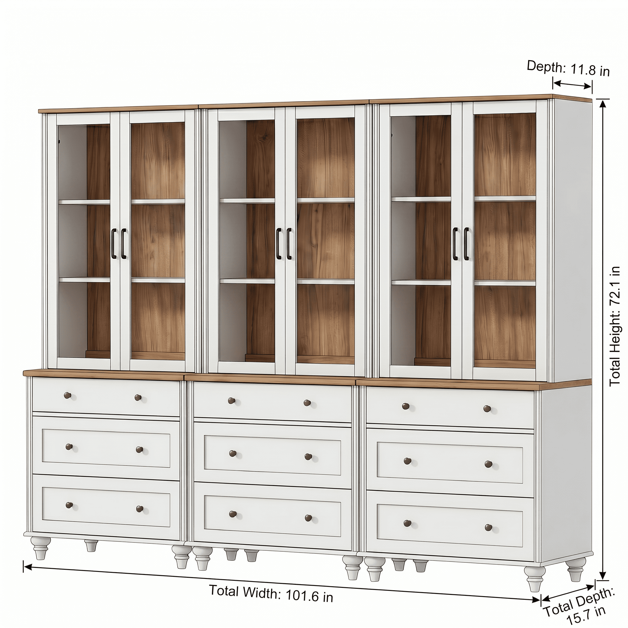 White 5-Tier Bookcase with Glass Doors, Bookshelf with 9 Drawers, Farmhouse Library Wooden Bookshelves for Living Room, Office, Kitchen