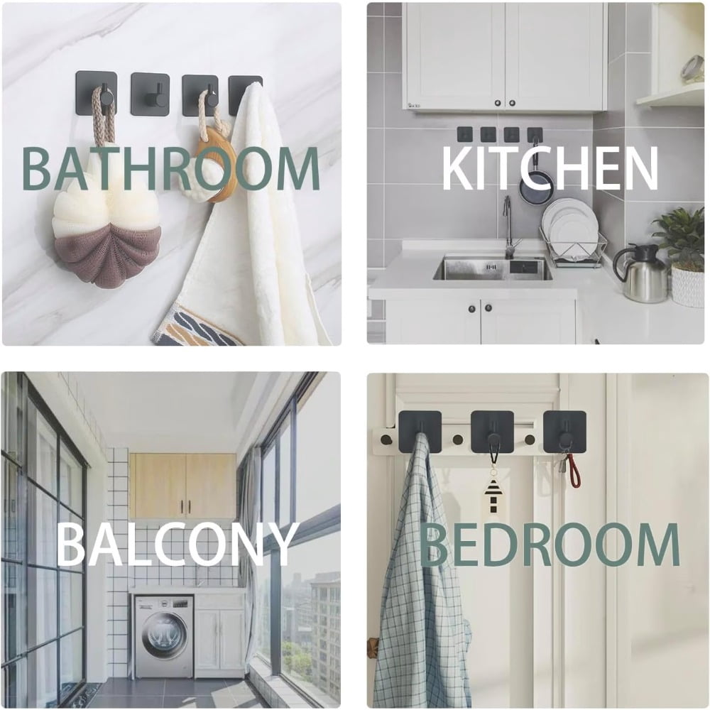 Hent 6-Pack Self-Adhesive Hooks — Featuring Strong Adhesive Backing, Ideal for Hanging on Walls and Behind Doors; Black Adhesive Hooks Designed Specifically for Bathrooms (Towel Hooks), Kitchens, and