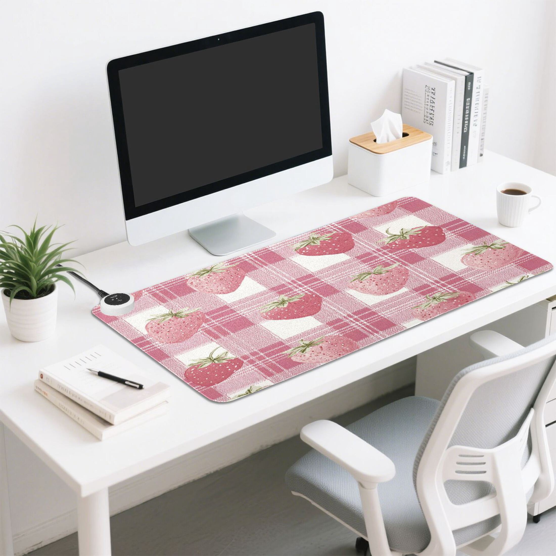 Large Heated Desk Mat Mouse Pad 31.5"x13"PU Leather Graphene Heating Desk Warmer with 3 Temperature Settings 110V US Plug Non-Slip Warm Pad for Home, Office, and Gaming Pink Strawberry Plaid Print