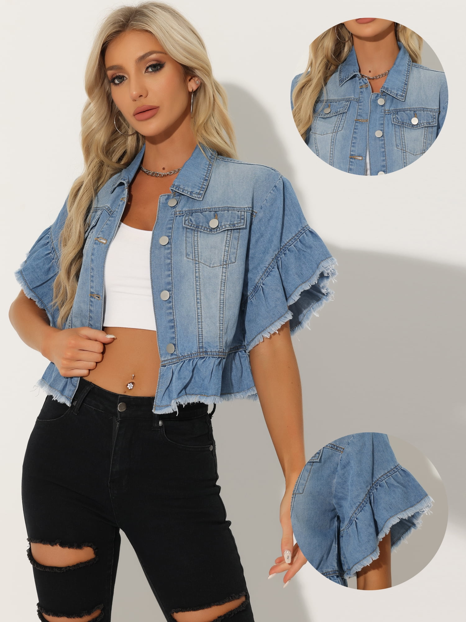 Unique Bargains Women's Denim Tops Ruffled Short Sleeve Lightweight Peplum Hem Jean Shirt M Light Blue