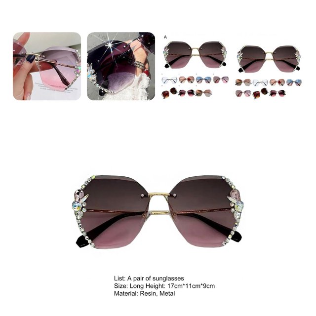 Women Sunglasses Rimless Lightweight High Clarity Wide Cool Sun-resistant Windproof UV Protection Shiny Rhinestone Female Sunglasses for Outdoor