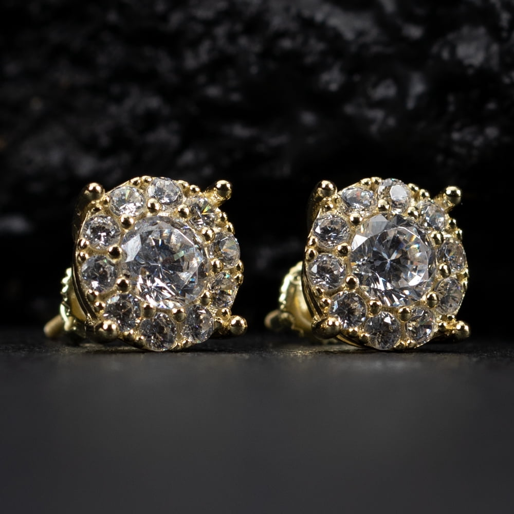 Yellow Gold Plated 925 Sterling Silver Screw Back Post Large Unisex Round Hip hop CZ Flower Cluster Big Circle Shape Stud Earrings