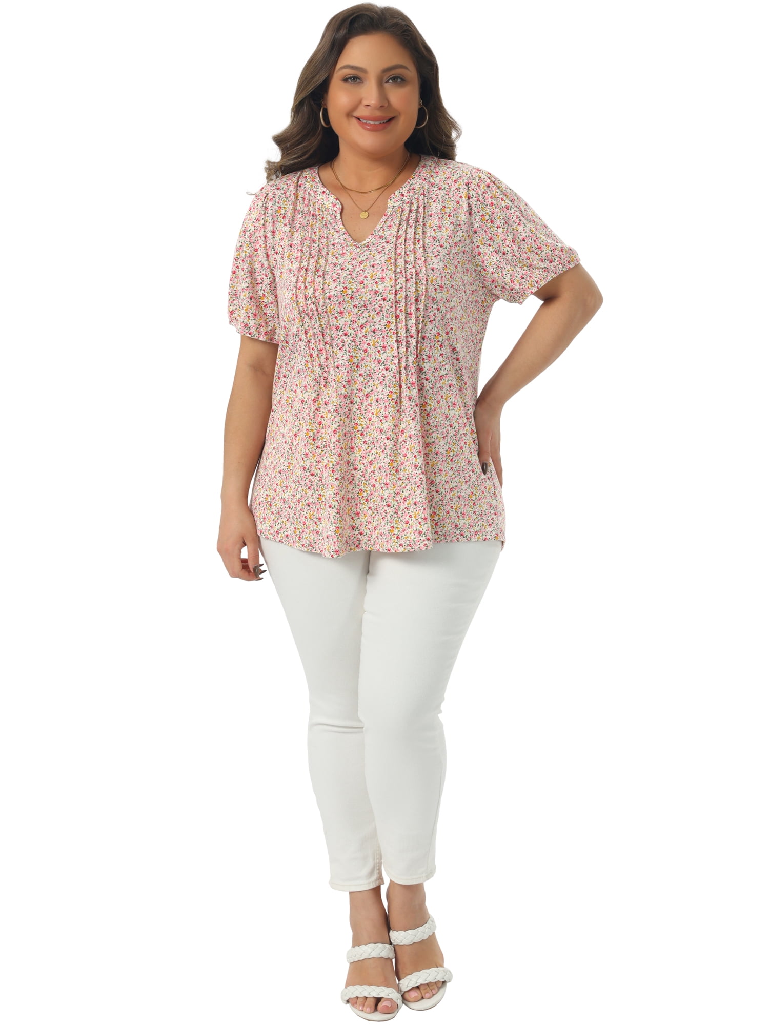 Women's Plus Short Sleeve Pleated T-Shirts Notched V Neck Floral Tops 2X Pink