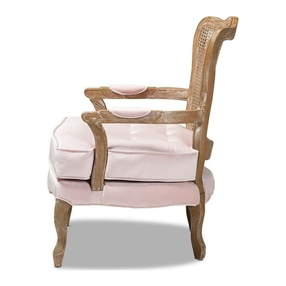 Baxton Studio Vallea Traditional French Provincial Light Pink Velvet Fabric Upholstered White-Washed Oak Wood Armchair