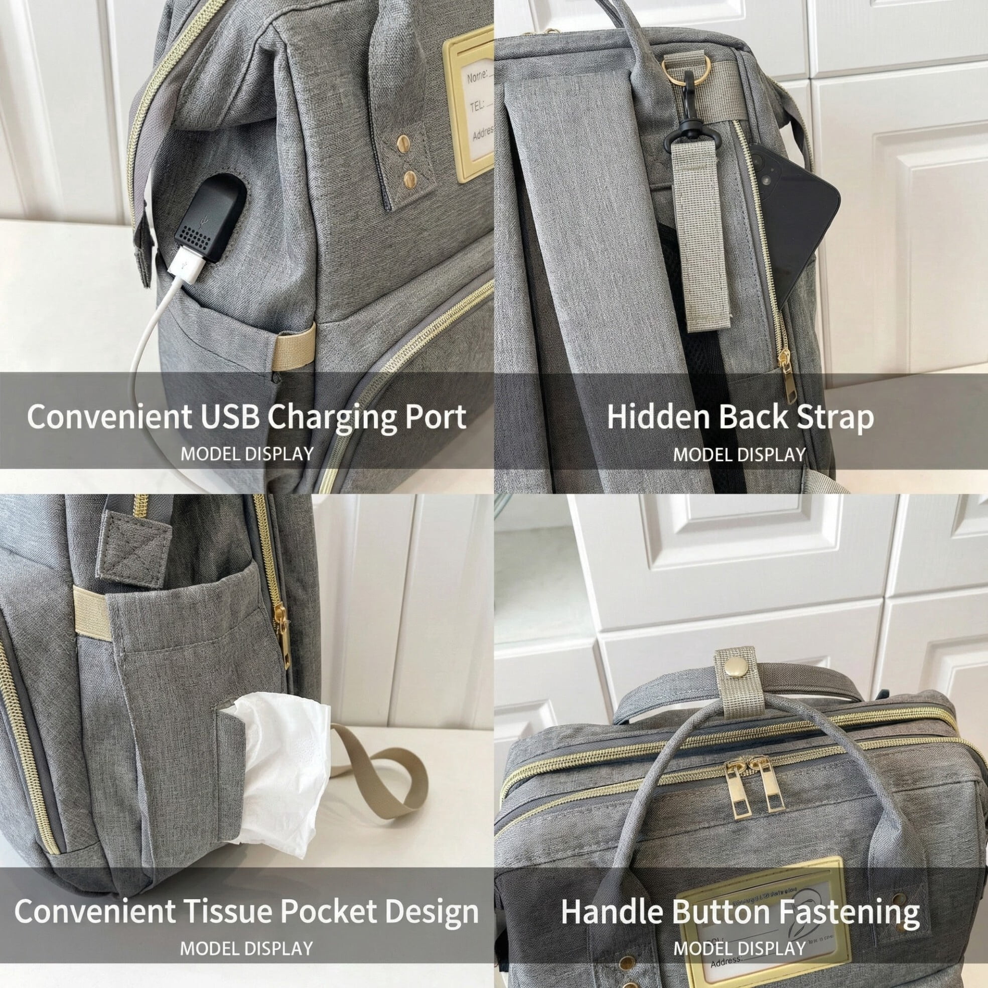 Diaper Bag Backpack, Multifunctional Baby Changing Bag with Foldable Crib and Insulated Bottle Pockets, a Must-Have for Baby Travel, with USB Charging Port and Stroller Straps (Gray)