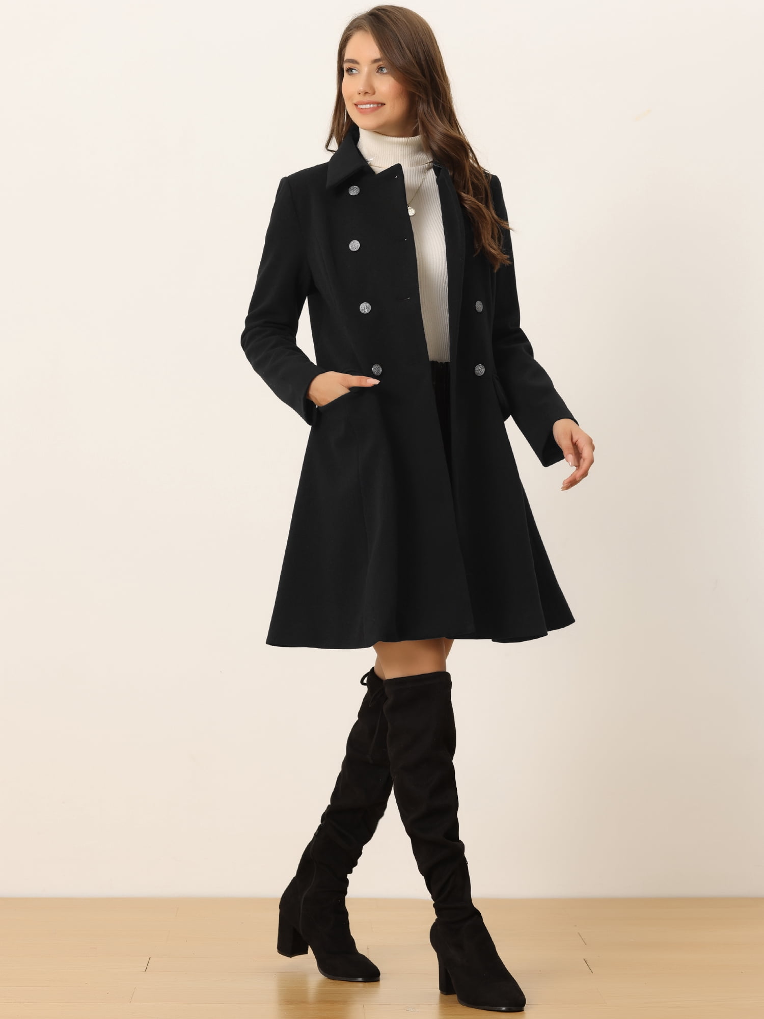 Unique Bargains Women's Single Breasted Button Velvet Contrast Collar Pea Coat XS Black