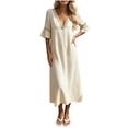thumbnail image 2 of Ayolanni Cotton Summer Dresses for Women 2026 Short Sleeve Flutter Sleeve V-Neck Solid Maxi A-Line Dress Elegant Casual Hollow Out Flare Vacation Sundress Beige L, 2 of 7