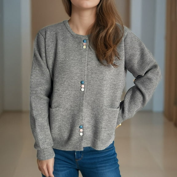 Qetyuw Ribbed Knitted Sweater for Women Long Sleeve Crew Neck Cardigan Jacket Solid Color Chunky Sweaters with Pockets