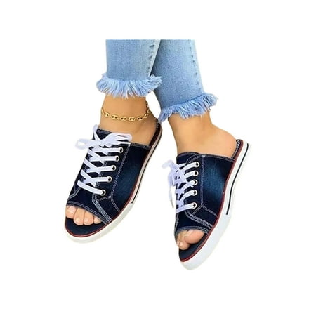 

Crocowalk Womens Peep Toe Sandals Denim Flat Shoes Summer Sneakers