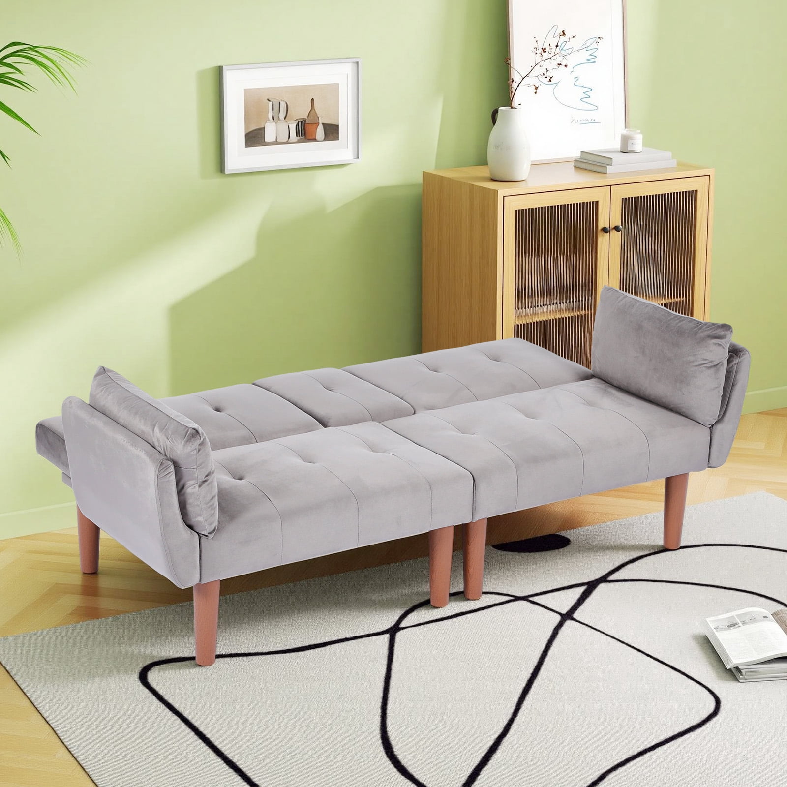 Leumius 72 Inch Futon Sofa Bed,Velvet Futon Couch with Adjustable Backrest and Cupholders,Suitable for Apartment,Living Room,Small Space,Dark Gray