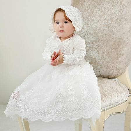 

Lace Christening Long Gowns Baptism Dresses for Baby Girls White Baby Luxury Dress Newborn Baby Dress Outfit with Bonnet Floral Gown Outfit Suit 0-2Y