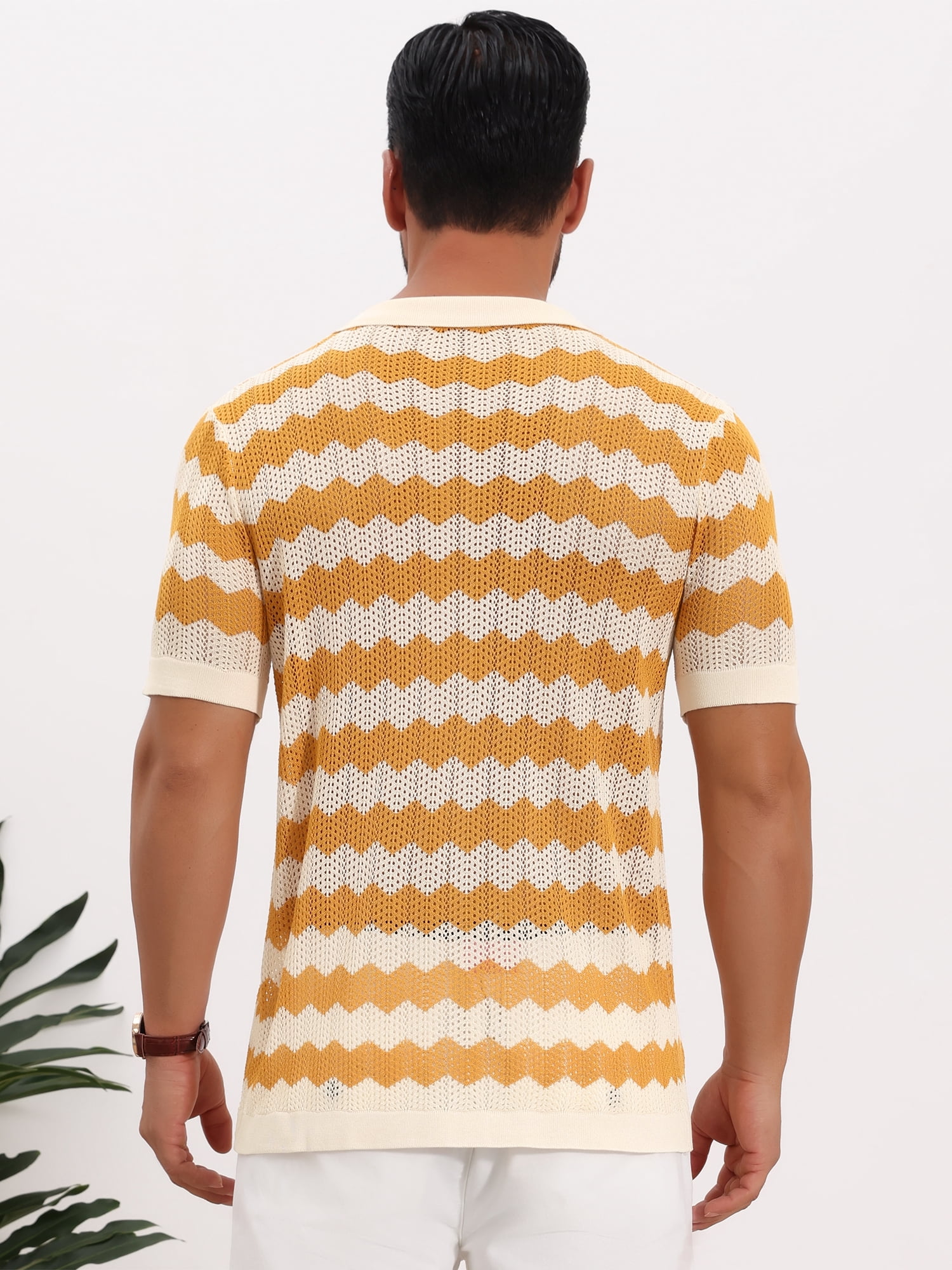 DARING DIVA Men's Wave Crochet Hollow Out Button Down Striped Shirts XL Yellow