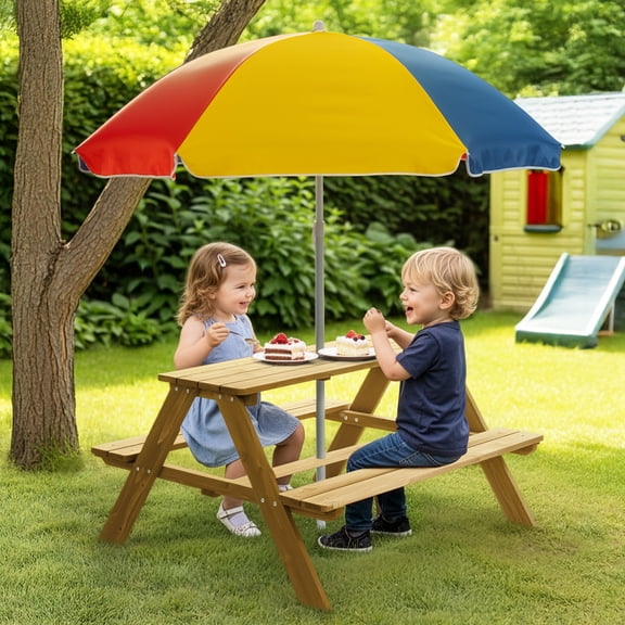 UBesGoo Kids Activity Table, Child Picnic Table Set with Reomvable Umbrella, Toddler Play Table for Indoor, Outdoor, Homework, Meals - Teak
